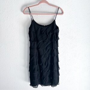 Y2K Kay Unger Black Silk Ruffle Dress Rhinestone Straps Sz 4 Whimsigoth